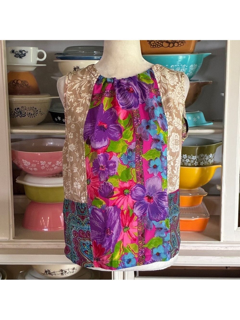 Burning Torch Recycled Silk Scarf Patchwork Top - Size Medium